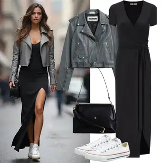 80tá léta Outfit s Šedá/Hnědá/Khaki/Béžová Bunda s Bočním Zipem/Kožené Bund Kožená vintage bunda/Bunda z Umělé Kůže/Motorkářské Bund/Kožené Bund/Motorkářská bunda Freaky Nation "Módní jarní outfit"Look: Emo, Italský, Western, 80tá léta