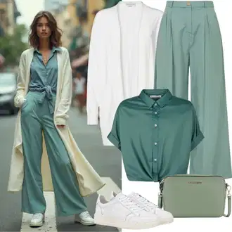 Outfit s Zelená/Světle zelená/Neonové barvy Široká Kalhoty/Žerzejová Kalhoty/Kalhoty se Štěrbinou/Marlene Kalhoty/Látková Kalhoty/Mušelínové kalhoty/Rovná Kalhoty/Kalhoty s Vysokým Pasem/Mrkvová Kalhoty/Navlékací Kalhoty/Kalhoty s nášivkou uprostřed VERO MODA "Módní jarní outfit"