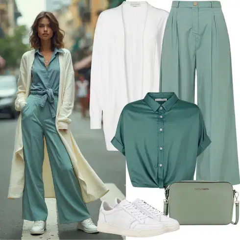 Kombinace Léto Zelená/Světle zelená/Neonové barvy Široká Kalhoty/Žerzejová Kalhoty/Kalhoty se Štěrbinou/Marlene Kalhoty/Látková Kalhoty/Mušelínové kalhoty/Rovná Kalhoty/Kalhoty s Vysokým Pasem/Mrkvová Kalhoty/Navlékací Kalhoty/Kalhoty s nášivkou uprostřed VERO MODA