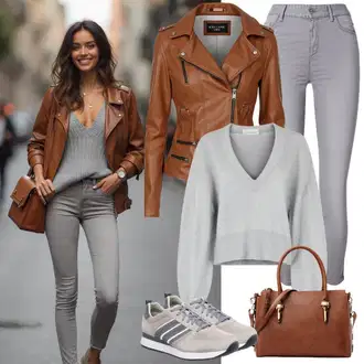 80tá léta Outfit s Šedá/Hnědá/Khaki/Béžová Bunda s Bočním Zipem/Kožené Bund Kožená vintage bunda/Bunda z Umělé Kůže/Motorkářské Bund/Kožené Bund/Motorkářská bunda Freaky Nation "Módní outfit"Look: Emo, Italský, Western, 80tá léta