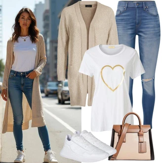 70. rojstni dan outfit mit Bež/Khaki/Rjava/Bela Kratka jopica/Vintage kardigan/Poletni kardigan/Kardigan s stoječim ovratnikom/V-kardigan lc waikiki "Modni prosti čas outfit"Look: Šola, Koncert, Dan plaže, Festival, 70. rojstni dan