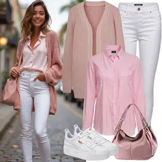 Outfit sa Bijela/Smeđa/Pink/Ljubičasta/Žuta Kožna jakna za muškarce/Bluza Vrh/Bodija Bluze/Razigrana bluza/Crash bluza/Sportska Bluza/Bluza/Bluza Kratkih Rukava/Carmen Bluza/Uska Kroj Bluza answear lab "Modni slobodno vrijeme outfit"