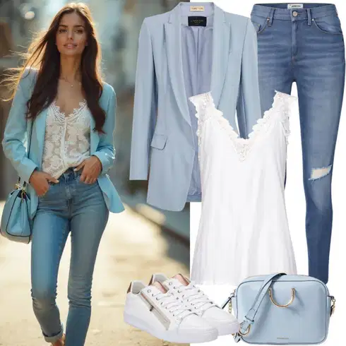 Kombinace Tmavě modrá/Modrá/Světle modrá/Šedá Oblek Boyfriend Sako/Kostkované Sako/Kordové Sako/Oversize Sako/Dámský Potištěný Sako/Tvídové Sako Trendyol