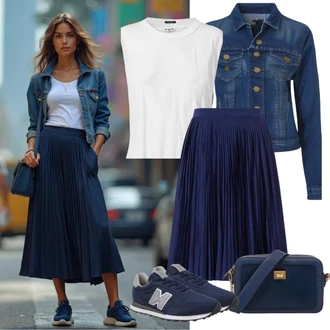 Elegantní Outfit s Tmavě modrá Sukně do Délky Lýtka/Křesťanská Sukně/Sukně Pro Vysokou Školu/Dlouhá Sukně/Midi Sukně/Moderní Sukně/Plisovaná sukně/Sukně Pro Matriku Tom Tailor "Neutrální každodenní vzhled"Look: Áčkového Střihu, Elegantní, Krásný, Old Money, Nadrozměrné, Klasické, 60. Let