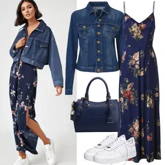 Koncert Outfit s Růžová/Tmavě modrá/Červená Letní Šaty/Šaty Fit & Flare/Společenské šaty pro hosta/Šaty Do Áčka/Žerzejové Šaty/Šaty S Potiskem/Zavinovací Šaty/Šaty Bez Rukávů BEACH TIME, Světle modrá/Modrá Krátké Džínové Bundičky/Džínové Bund VERO MODA, Šedá/Bílá Teniska na platformě/Nízká Teniska Puma, Modrá/Tmavě modrá Velká taška/Taška/Taška Přes Rameno/Brašna/Sportovní Taška Přes Rameno Tom Tailor "Neutrální každodenní vzhled"Look: Chatky, Den matek, Předsvatební, Zvláštní příležitosti, Coachella, Malle, Zahradní večírek, Festival, Koncert, Bar, Škola, Svatba, Karneval