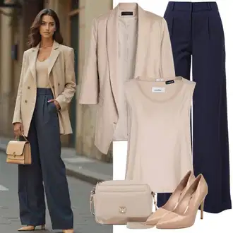 Outfit s Tmavě modrá Business Kalhoty/Navlékací Kalhoty/Strečová Kalhoty/Obleková Kalhoty/Kalhoty s Vysokým Pasem/Mušelínové kalhoty/Žerzejová Kalhoty/Tregíny/Rovná Kalhoty/Úzká Kalhoty/Bengaline Kalhoty Object "Neutrální každodenní vzhled"