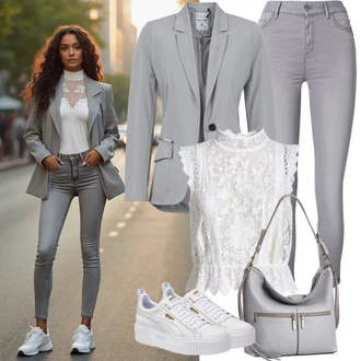 Outfit s Šedá/Světle šedá/Tmavě šedá Kožená bunda/Džíny s Rozparkem/Slim Fit Džíny/Džíny s Nízkým Sedem/Kožené Boty/Motorkářské Džíny/High Waist Džínové Kalhoty/Termální Džíny/Zimní bunda/Push up Džín Only "Neutrální každodenní vzhled"