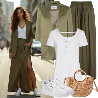 Koncert Outfit s Khaki Krátká Sukně/90tá Léta Sukně/Manšestrová sukně/Džínová Sukně/Džínová vintage sukně JdY, Khaki/Hnědá/Tmavě zelená/Béžová Bezrukávní Šaty Freeman T. Porter, Šedá/Tmavě modrá/Modrá/Tmavě šedá Obchodní Taška/Taška/Taška Přes Rameno/Kancelářská Taška/Shopper taška/Sportovní Taška Přes Rameno/Taška Na Rameno Guess, Šedá/Bílá Teniska na platformě/Nízká Teniska Puma, Bílá Tričko nadměrné velikosti Trendyol "Neutrální každodenní vzhled"Look: Bar, Den na pláži, Koncert, Chatky, Oktoberfest, Škola, Matriční úřad, Malle, Karneval, Galavečer, Výročí, Den matek, Svatba
