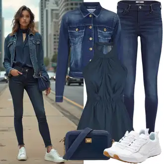 moderne Outfit sa Plava/Svjetloplava Traper Jakna/Kratka Traper Jakna AG Jeans "Outfit u uličnom stilu"Look: Rap, Sveučilišna, 90-ich, cool, moderne, Prekrasan, Vintage, Western