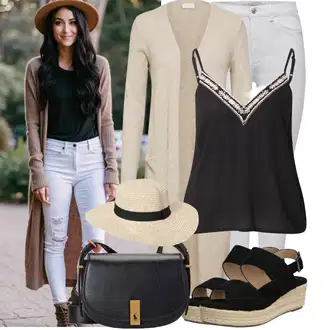 Kombinacije za bucmaste Od 50 godina sa Siva/Bijela/Krem Skinny Hlače/Tajice s Prorezom/rupa hlača/Treggings/Traper Tajice/Jeggings/Hlače s Prorezom Only, Bež/Kaki/Smeđa Pletivo Veći Broj Vila, Crna/Bijela Tunika About You, Crna/Bež Espadrila mula/Espadrila sandala/Espadrila s klinastim petom/Espadrila s Platformom About You, Crna/Smeđa/Žuta/Bijela Nekategorizirano "Moderna kombinacija za slobodno vrijeme"