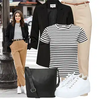 Outfit s Béžová/Khaki Kalhoty se Štěrbinou/Úzká Kalhoty/Ležérní Kalhoty/Obleková Kalhoty/Twillová Kalhoty/Business Kalhoty/Kalhoty s Vysokým Pasem/Skinny Kalhoty B.young "Stylový vzhled pro volný čas"