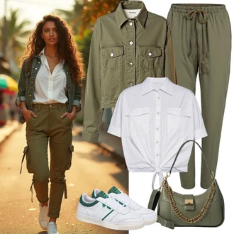 Poletne Outfiti Festival mit Khaki Cargo trenirke/Cargo Hlače/Paperbag Hlača BRUUNS BAZAAR "Poletni videz za vsakdanjo uporabo"Look: Bar, Dan plaže, Koče, Festival, Pop koncert, Šola