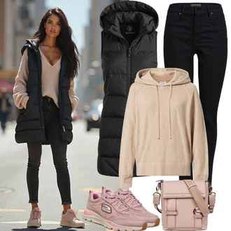 outfit mit Bež/Rjava/Khaki Prevelik pulover s kapuco na zadrgo/Usnjena jakna/Jopica iz flisa/Pleten pulover s kapuco medicine "Popolno za pomlad"