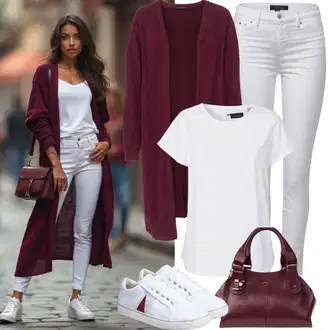 Dlouhý střih Outfit s Béžová/Krémová/Hnědá/Vínová Vlněný kardigán/Vintage svetr Vila, Tmavě červená/Vínová/Hnědá/Červená/Fialová Velká taška/Taška/Taška Přes Rameno/Shopper taška/Sportovní Taška Přes Rameno/Taška Na Rameno Gianni Chiarini "Praktický vzhled"
