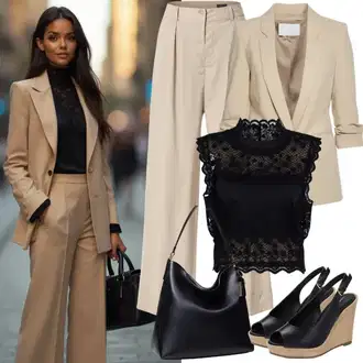 Outfit s Hnědá/Béžová/Khaki Kalhoty se Štěrbinou/Chinos/Mušelínové Kalhoty/Kalhoty s nášivkou uprostřed/Rovná Kalhoty/Obleková Kalhoty/Úzká Kalhoty/Business Kalhoty Fransa "Praktický vzhled"