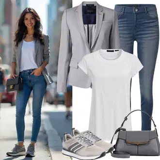 Narozeniny Outfit s Modrá/Světle modrá Kožená bunda/Slim Fit Džíny/High Waist Džínové Kalhoty/Džíny s Rozparkem/Džíny Regular Fit/Kotníková Bota/Kožená Pánská Bund/Push up Džín/Kožené Boty/Dámské Džíny s Délkou 7/8/Zimní bunda Lee, Šedá/Béžová/Světle šedá Dlouhý Sako/Oversize Sako/Boyfriend Sako/Kostkované Sako Pieces "Praktický vzhled"Look: Bar, 18. narozeniny, Koncert, Den matek, Škola, Narozeniny, 50. narozeniny, Firemní večírek, 70. narozeniny