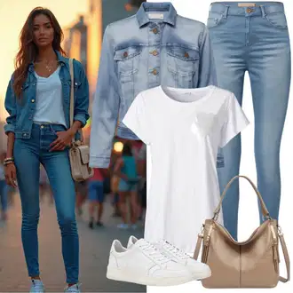 moderne Outfit sa Plava/Svjetloplava Traper Jakna/Kratka Traper Jakna AG Jeans "Prekrasan proljetni izgled"Look: Rap, Sveučilišna, 90-ich, cool, moderne, Prekrasan, Vintage, Western