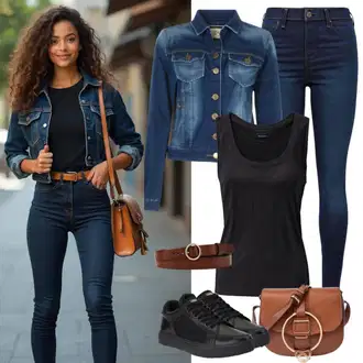 moderne Outfit sa Plava/Svjetloplava Traper Jakna/Kratka Traper Jakna AG Jeans, Crna Tanka tenisica/Kožna tenisica/Tenisice s patentnim zatvaračem sa strane/Niska Tenisica/Ljetna tenisica/cipela na vezanje/neformalna cipela Guess "Savršeno za slobodno vrijeme"Look: Rap, Sveučilišna, 90-ich, cool, moderne, Prekrasan, Vintage, Western, Sportski, Ležerno, Bad Taste, Pametno ležerno, Skater