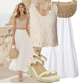 Široki kroj Outfit sa Bež/Kaki Espadrila s klinastim petom/Espadrila sandala/Sandala s klinastom petom/Wedge Cipela About You "Moderan outfit za slobodno vrijeme"