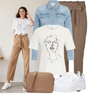 Kombinacije za ljeto Prekrasan sa Bež/Smeđa/Kaki Hlača Velika Veličina VERO MODA "Moderan outfit za slobodno vrijeme"Look: Elegantan, Ležerno, Rad, Prekrasan, Old Money, Pametno ležerno, cool