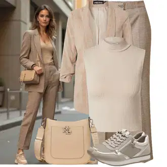 Outfit sa Bež/Smeđa/Kaki Hlače Poslovna Hlača/Flanelska Hlača/Hlača od Odijela/Hlača od Tvida/Karirane Hlače About You "Odličan za slobodno vrijeme"