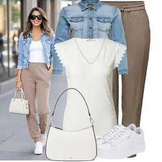 Kombinacije za bucmaste Od 50 godina sa Kaki/Smeđa Hlača Velika Veličina Only, Svjetloplava/Plava Kaput/Bluza Veći Broj Only, Siva/Krem/Žuta/Kaki/Srebro/Bijela/Bež Party Top/Top Bez Rukava/Grafička majica/Muške cipele/Top za plažu About You, Bijela Niska Tenisica/Tanka tenisica/Tenisica s platformom/Rupičasta tenisica Puma "Cool outfit za svaki dan"