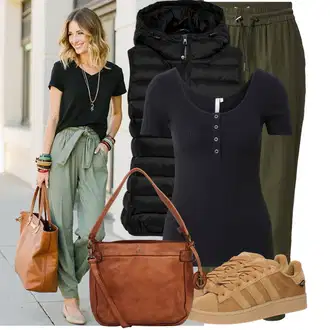 Outfit s Khaki/Tmavě zelená Navlékací Kalhoty/Mrkvová Kalhoty/Jogger Kalhoty/Tradiční Kalhoty/Baggy Kalhoty/Harémová Kalhoty/Mušelínové Kalhoty/Ležérní Kalhoty/Paperbag Kalhoty Only "Skvělý pro volný čas"