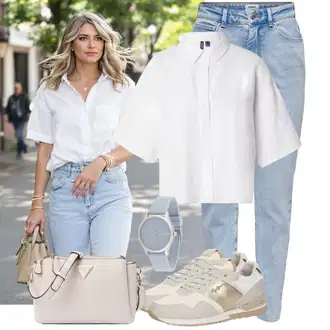 Kombinacije za bucmaste Od 50 godina sa Bijela/Krem Bluza Veći Broj/Majica VERO MODA, Siva/Svjetloplava/Plava Ručni sat/Alat za satove/Smartwatch za žene Lacoste "Cool outfit za svaki dan"