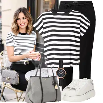 moderne Outfit sa Crna/Crvena/Bijela Majica za plažu/Majica S Prugama/Top za plažu/Tunika za Plažu About You "Cool outfit za svaki dan"Look: cool, Francuske, moderne, Pomorski, Sveučilišna, Prekrasan
