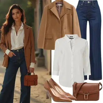 Old Money Outfit sa Tamnoplava Traperice Široke Nogavice/Culotte Traperice/Vrećaste Traperice/Plisirane Traperice Mango "Sjajan izgled za proljeće"Look: GoGo, Rap, Vanjski, Prevelik, Old Money