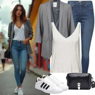 Outfit sa Siva/Bež/Bijela Obuća Niska Tenisica/Tenisica s platformom Puma "Sjajan izgled za proljeće"
