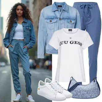 moderne Outfit sa Plava/Svjetloplava Traper Jakna/Kratka Traper Jakna AG Jeans "Sjajan izgled za slobodno vrijeme"Look: Rap, Sveučilišna, 90-ich, cool, moderne, Prekrasan, Vintage, Western
