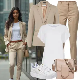 Outfit s Hnědá/Béžová/Khaki Kalhoty se Štěrbinou/Chinos/Mušelínové Kalhoty/Kalhoty s nášivkou uprostřed/Rovná Kalhoty/Obleková Kalhoty/Úzká Kalhoty/Business Kalhoty Fransa "Skvělé pro volný čas"