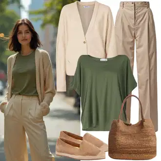 Outfit s Béžová/Khaki/Hnědá Mušelínové Kalhoty/Mrkvová Kalhoty/Ležérní Kalhoty/Úzká Kalhoty/Paperbag Kalhoty Only "Skvělý vzhled pro jaro"