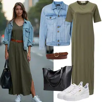 Outfit s Zelená/Neonové barvy Letní Šaty/Šaty s Páskem/Ležérní Šaty/2-v-1 šaty/Halenkové Šaty/Midi Šaty kesi "Skvělý vzhled pro jaro"