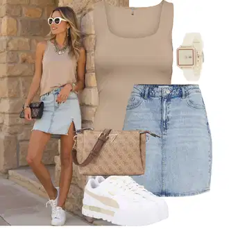Outfit sa Siva/Bež/Bijela Niska Tenisica/Tenisica s platformom Puma "Lijepi ljetni look"