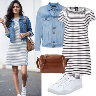 moderne Outfit sa Bijela/Crna/Tamnoplava Haljina Ravnog Kroja/Pamučna haljina/Uska Haljina/haljina uz Tijelo/Haljina Bez Rukava/Duga pletena haljina bianco lucci, Plava/Svjetloplava Traper Jakna/Kratka Traper Jakna AG Jeans "Stilski spoj za proljeće"Look: Pomorski, Prekrasan, Francuske, Sportski, cool, Ekstravagantno, moderne, GoGo, Rap, Sveučilišna, 90-ich, Vintage, Western