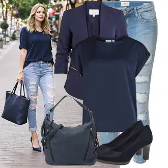 moderne Outfit sa Svjetloplava/Plava Kožna Jakna/Kožne jakne/Traperica Niskog Struka/Čizma do Gležnja/Traperice s Rupom/Push-up Traperice/Traperice s Prorezom Only "Nagyszerű szabadidős megjelenés"Look: Rap, Stil, moderne, cool, Disko, Sveučilišna, Prekrasan
