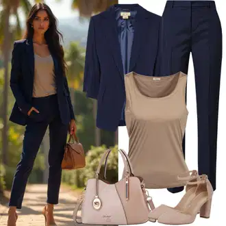Outfit s Tmavě modrá Business Kalhoty/Navlékací Kalhoty/Strečová Kalhoty/Obleková Kalhoty/Kalhoty s Vysokým Pasem/Mušelínové kalhoty/Žerzejová Kalhoty/Tregíny/Rovná Kalhoty/Úzká Kalhoty/Bengaline Kalhoty Object "Stylový volnočasový outfit"