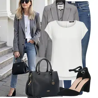 moderne Outfit sa Siva/Krem/Bijela Tunika/Bluza Veći Broj/Majica I Top Veći Broj Only "Moderan look za slobodno vrijeme"Look: Stil, Lagano, Elegantan, moderne, 20-ih godina, cool, Običan