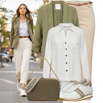 Outfit s Béžová/Khaki Kalhoty se Štěrbinou/Úzká Kalhoty/Ležérní Kalhoty/Obleková Kalhoty/Twillová Kalhoty/Business Kalhoty/Kalhoty s Vysokým Pasem/Skinny Kalhoty B.young "Praktický vzhled"