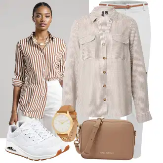 Outfit s Šedá/Khaki/Bílá 7/8 Kalhoty/Boyfriend Kalhoty/Twillová Kalhoty/Navlékací Kalhoty/Business Kalhoty/Bavlněná Kalhoty/Úzká Kalhoty B.young "Praktický vzhled"