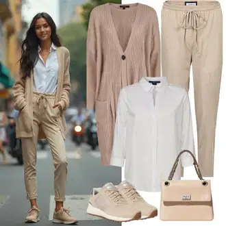 Outfit s Hnědá/Béžová/Khaki Kalhoty Manšestrové Lacláč/Paperbag Kalhoty/Kalhoty s Vysokým Pasem influencer "Volnočasové oblečení"