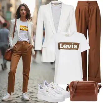 Outfit s Černá/Červená/Hnědá Kalhoty s nášivkou uprostřed/Kalhoty se Štěrbinou/Obleková Kalhoty/Business Kalhoty Tommy Hilfiger "Volnočasový outfit pro jaro"