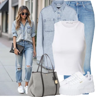 Koncer Outfit sa Plava/Svjetloplava Jeggings/Traper Tajice/Skinny Hlače Only, Svjetloplava/Plava Bluza-jakna/Jakna košulja/Kratka Traper Jakna/Traper Jakna Noisy may, Siva/Bijela Tenisica za tenis/gimnastička papuča/cam cipela/cipela za trčanje/Tenisica za fitness Puma "Moderna kombinacija za slobodno vrijeme"Look: Koncer, 18. rođendan, Škola