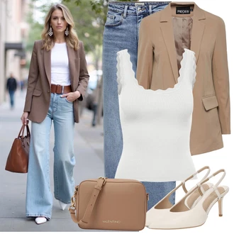 Koncer Outfit sa Svjetloplava/Plava Traperice Široke Nogavice/Formalna Košulja/Dad Traperice/Traperice s Prorezom/Mom Jean/Vrećaste Traperice/High Waist Traperice/Traperice Opuštenog Kroja/Vintage traperice/Culotte Traperice Only, Bež Nekategorizirano Pieces "Jedinstveni outfit za slobodno vrijeme"Look: Koncer, Škola, Majčin dan, 50. rođendan, Rođendan