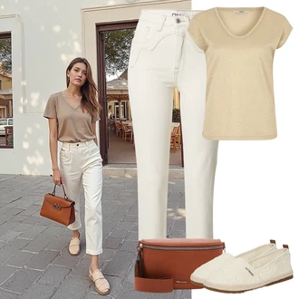 Outfit s Béžová/Khaki/Zlatý Tričko/Jednoduchý top/Mužské běžecké boty/Funkční tričko/Pletené tričko/Dlouhá košile/Muskulární Tričko/Tričko s krátkým rukávem/Sportovní tričko/Zavinovací Tričko Only "Perfektní na léto"