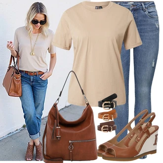 Koncer Outfit sa Plava/Svjetloplava Traper Tajice/Jeggings/rupa hlača/Hlače s Prorezom Only, Smeđa/Bež/Kaki Funkcionalna majica/Muške tenisice za trčanje/Sportska majica/Ležerna majica Pieces, Crna/Bež/Zlatni/Smeđa Klasični Remeni/Kožni Remen/Ležerni Remen About You "Moderna kombinacija za slobodno vrijeme"Look: 18. rođendan, Koncer, Majčin dan, Škola, Krštenje, dan na plaži, Festival, Novogodišnja noć