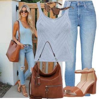 Koncer Outfit sa Plava/Svjetloplava Jeggings/Traper Tajice/Skinny Hlače Only, Narandžasta/Smeđa Sandala na Petu/Sandalice s blok petom/Sandala s petom About You "Moderna kombinacija za slobodno vrijeme"Look: Koncer, 18. rođendan, Festival, Potvrda, Malle, dan na plaži, Škola, 30. rođendan
