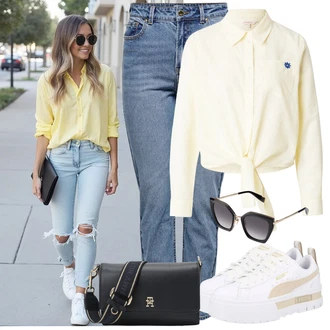 Koncer Outfit sa Plava/Svjetloplava Hlače Visokog Struka/Hlače s Prorezom/rupa hlača/Jeggings/Skinny Hlače/Traper Tajice Only, Siva/Bež/Bijela Niska Tenisica/Tenisica s platformom Puma "Moderna kombinacija za slobodno vrijeme"Look: 18. rođendan, Koncer, Rođendan, Vjenčanje, Škola, Sprovod